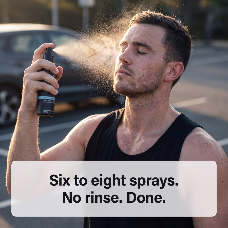 Man misting SANORA on his face in a car park after training
