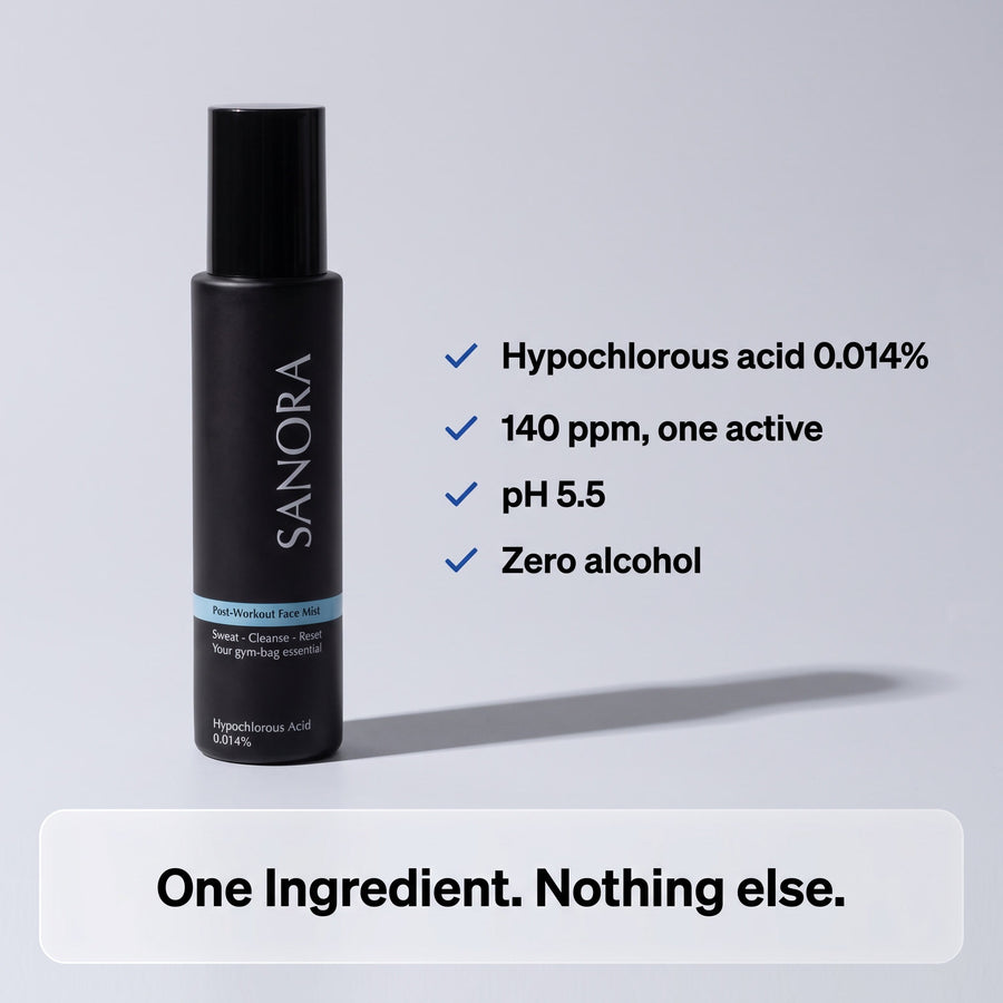 SANORA bottle spec list: hypochlorous acid 0.014%, 140 ppm one active, pH 5.5, zero alcohol