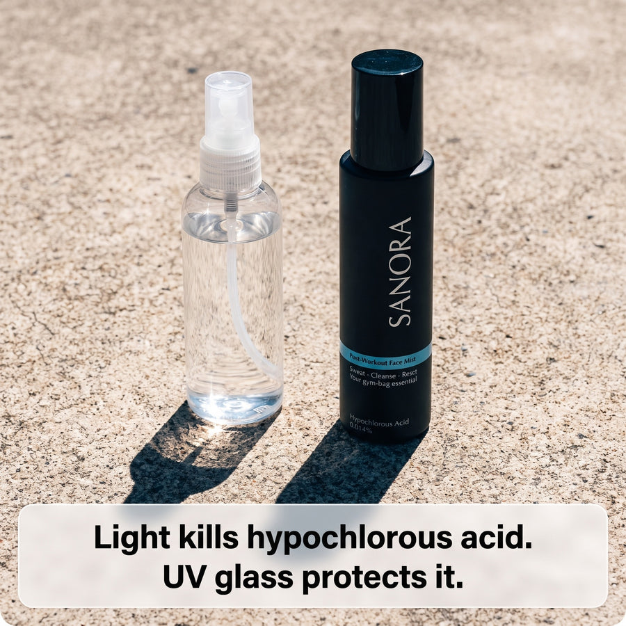 Cheap clear plastic spray bottle beside the matte black SANORA glass bottle on sunlit concrete
