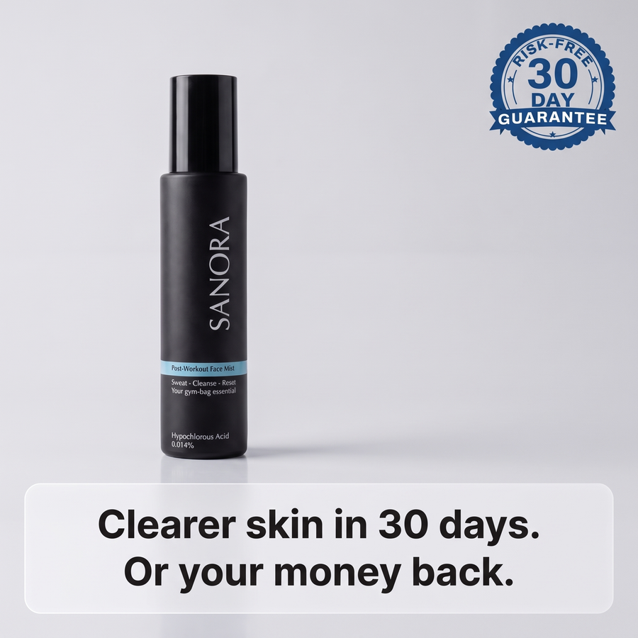 SANORA bottle with the risk-free 30-day guarantee seal, clearer skin in 30 days or your money back