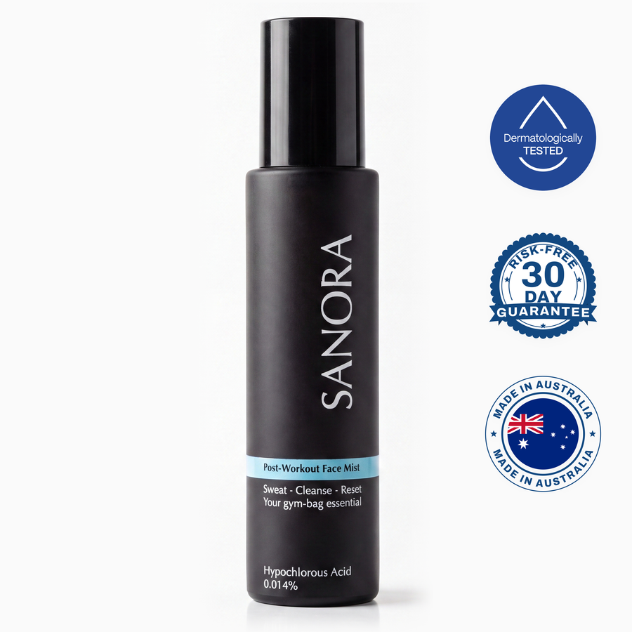 SANORA Post-Workout Face Mist bottle, dermatologist tested, 30-day guarantee, made in Australia