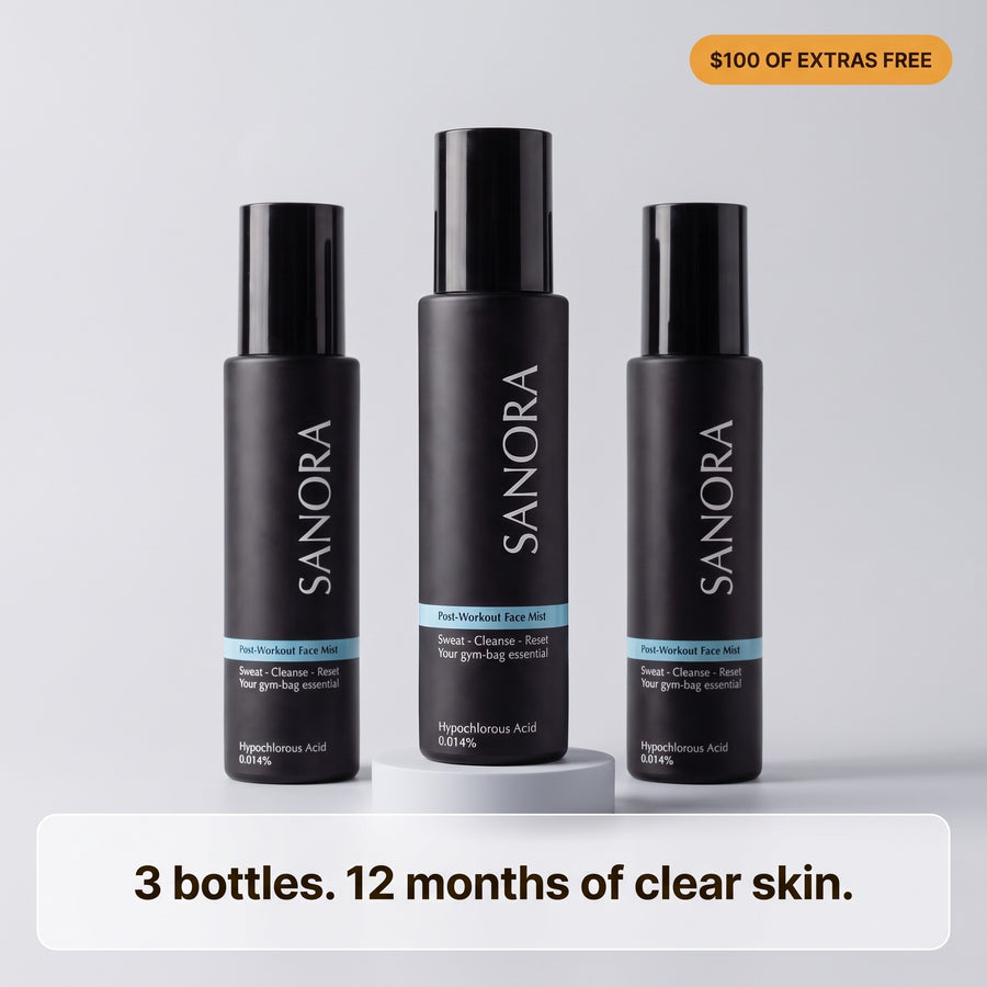 Three SANORA bottles on a podium, $100 of extras free