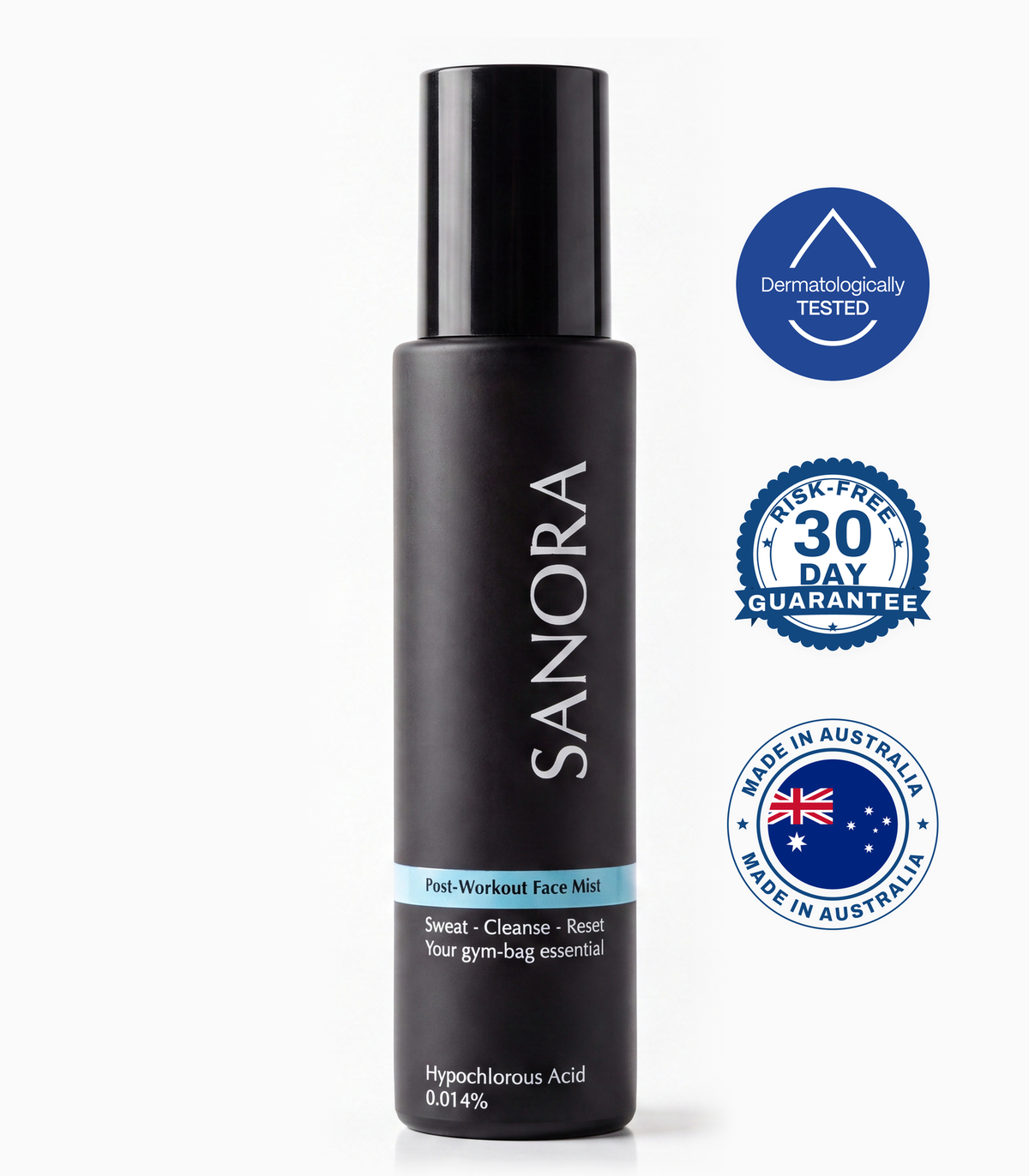 SANORA Post-Workout Face Mist bottle, dermatologically tested, made in Australia