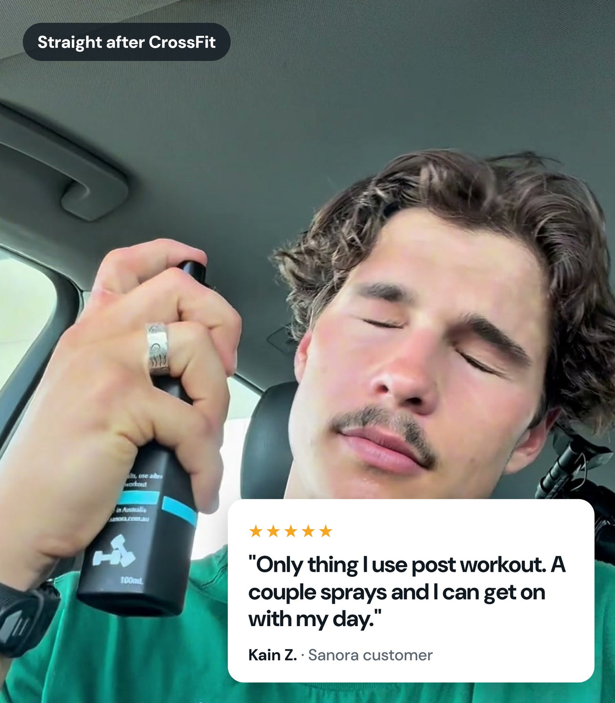 Kain misting Sanora in his car straight after CrossFit: only thing I use post workout, a couple sprays and I can get on with my day
