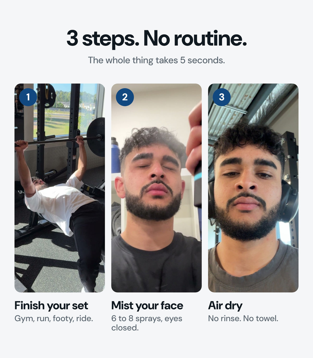 3 steps, no routine: finish your set, mist your face, air dry