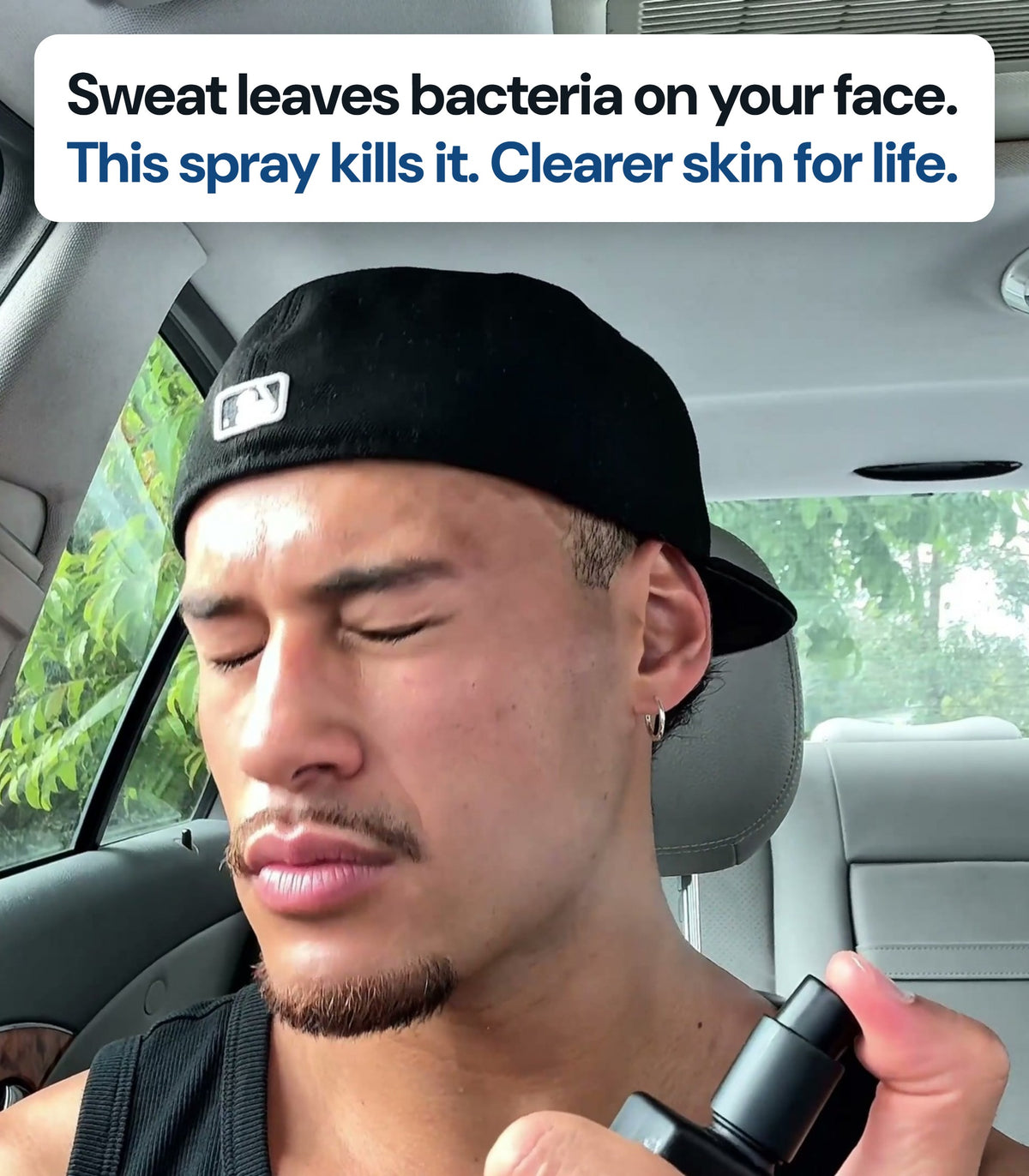 Sweat leaves bacteria on your face. This spray kills it. Clearer skin for life.